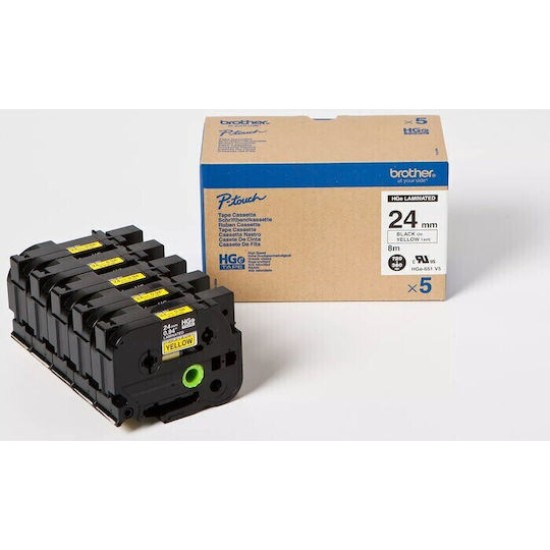 Brother Laminated Tape HGE-651V5 - 24 mm x 8 m - Black on Yellow