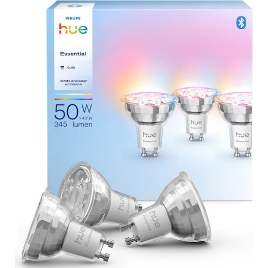 Philips Hue Essential smarte GU10 LED Lampe, Weiss und Farbig, 4,7 W, 2200K-6500K, dimmbar, funktioniert mit gaengigen Smart-Home-Assistenten, 3er Pack
