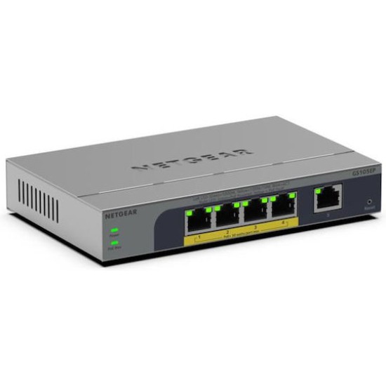 NETGEAR GS105EP 5-Port Gigabit Ethernet PoE+ Plus Switch, PoE Budget 63 W, luefterlos, Metallgehaeuse