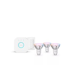 Philips Hue Essential Starter Kit: Hue Bridge + 3 Essential GU10 smarte Lampen + Dimmer Switch, White and Color Ambiance, 2200K-6500K, kompatibel mit gaengigen Smart-Home-Assistenten
