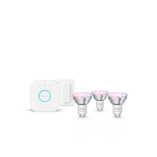 Philips Hue Essential Starter Kit: Hue Bridge + 3 Essential GU10 smarte Lampen + Dimmer Switch, White and Color Ambiance, 2200K-6500K, kompatibel mit gaengigen Smart-Home-Assistenten