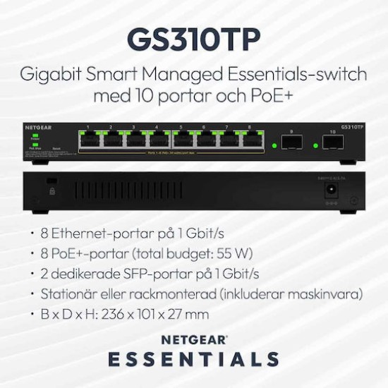 NETGEAR S350 Series 8-Port Gigabit Ethernet PoE+ Smart Managed Essentials Switch mit 2 Dedicated SFP Ports