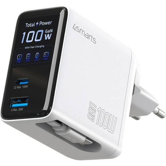 4smarts GaN Flex Screen AI 100W Ladegeraet 2 USB-C+1 USB-A weiss