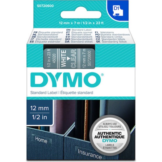 Dymo D1 Schriftband 12 mm x 7 m white / transparent 45020